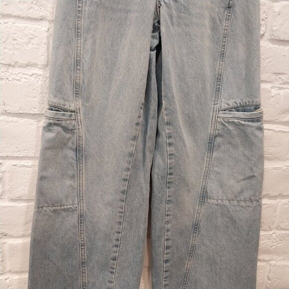ZARA Jeans 00 Blue Faded Whiskers Wide Leg Tall High Waist 23 Cargo Teen - Picture 9 of 11